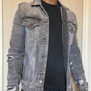 All Saints Grey Denim Distressed Jacket